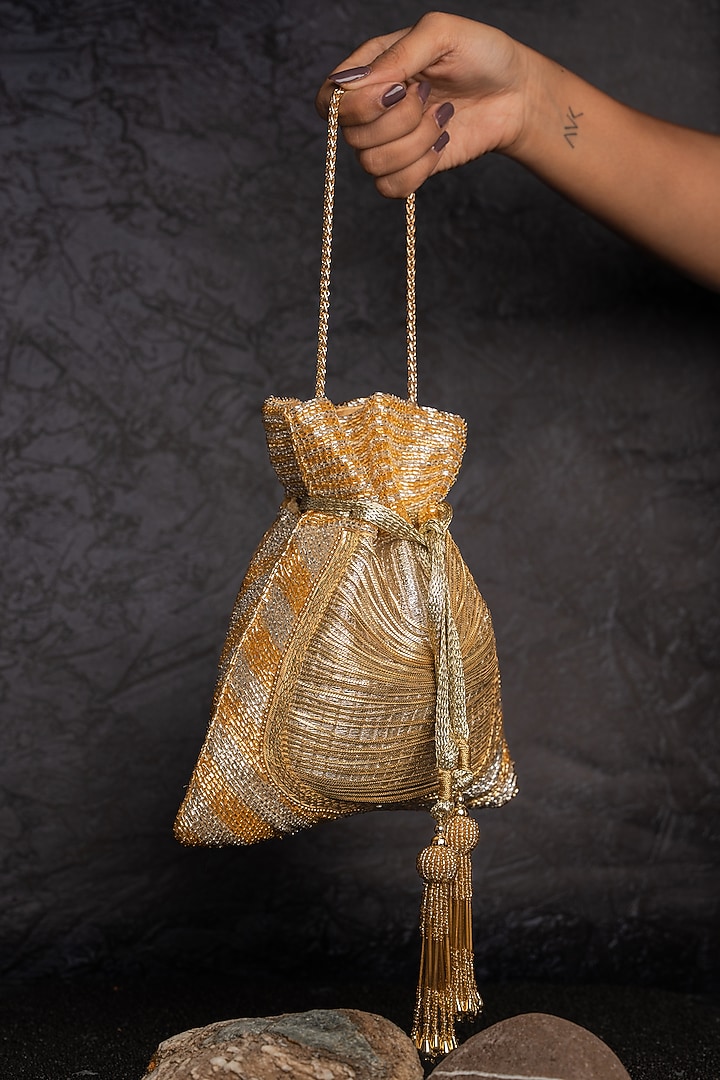 Gold Metallic Chain & Bead Work Potli by Nayaab by Sonia at Pernia's Pop Up Shop