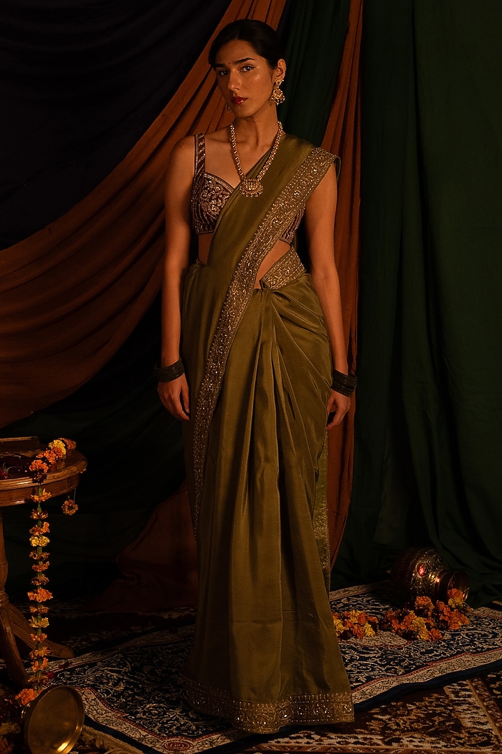 Mehndi Green Fine Habutai Zardosi Handwork Wedding Saree Set by Nitika Bali at Pernia's Pop Up Shop