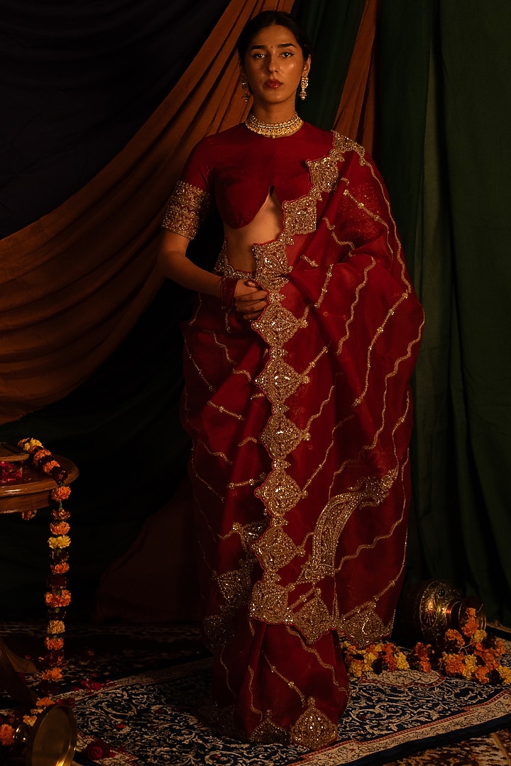 Red Pure Silk Organza Zardosi Handwork Wedding Saree Set by Nitika Bali at Pernia's Pop Up Shop