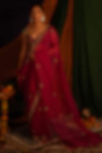 Hot Pink Pure Silk Organza Zardosi Handwork Wedding Saree Set by Nitika Bali at Pernia's Pop Up Shop