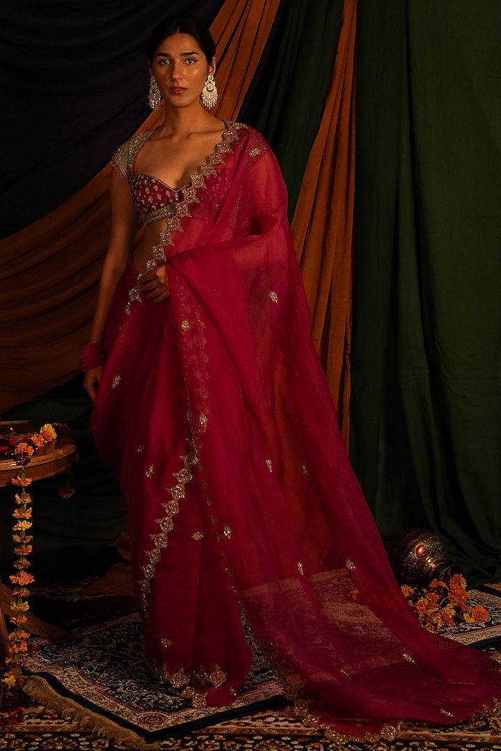 Hot Pink Pure Silk Organza Zardosi Handwork Wedding Saree Set by Nitika Bali at Pernia's Pop Up Shop