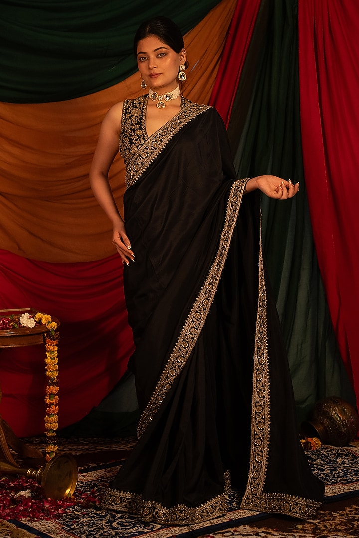 Black Fine Habutai Zardosi Handwork Wedding Saree Set by Nitika Bali at Pernia's Pop Up Shop