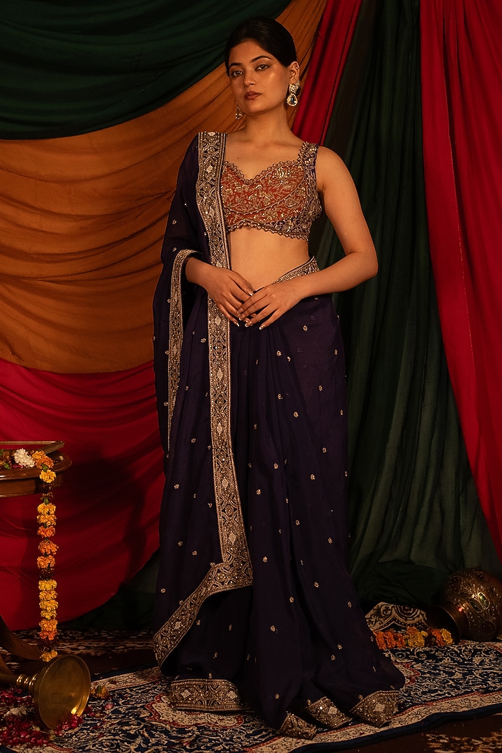Orange & Purple Dola Silk Zardosi Handwork Wedding Saree Set by Nitika Bali at Pernia's Pop Up Shop