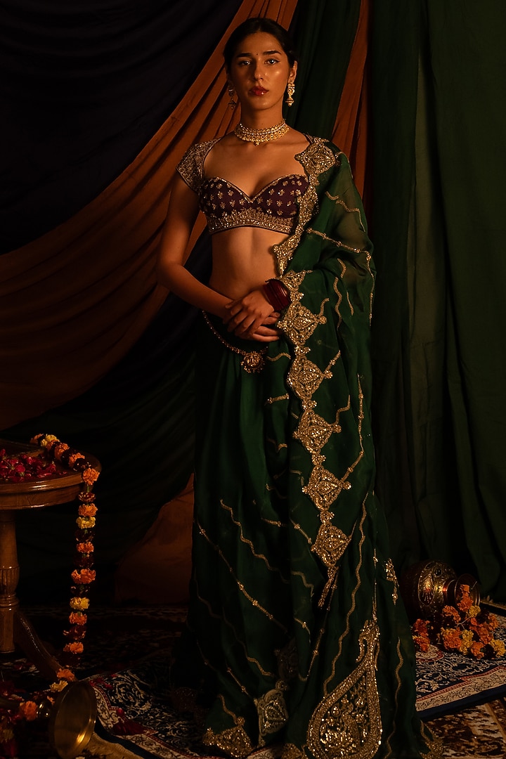 Green Viscose Organza Zardosi Handwork Wedding Saree Set by Nitika Bali at Pernia's Pop Up Shop