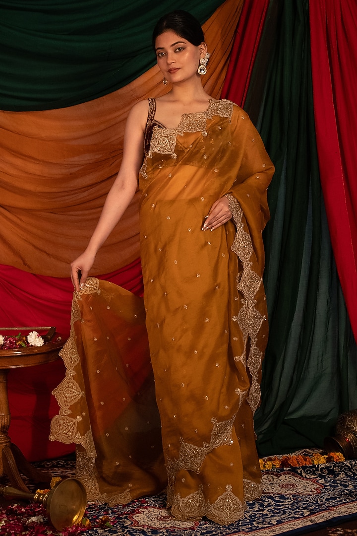 Brown & Green Pure Silk Organza Zardosi Handwork Wedding Saree Set by Nitika Bali at Pernia's Pop Up Shop