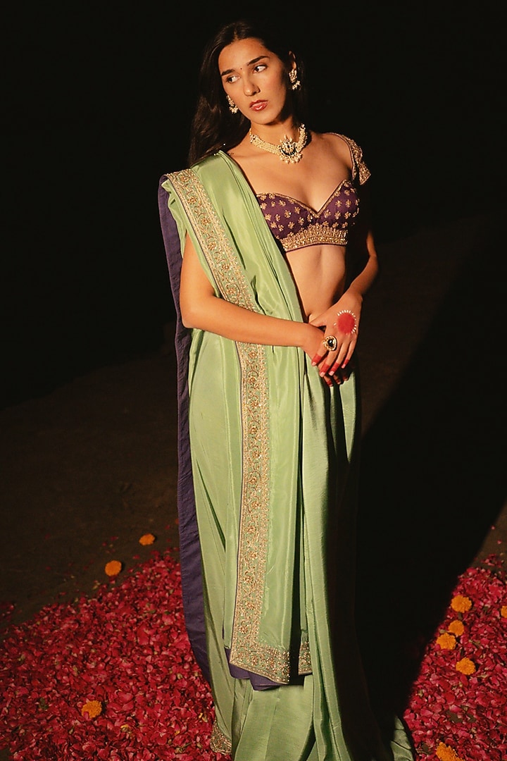 Aqua Green Fine Habutai Zardosi Handwork Wedding Saree Set by Nitika Bali at Pernia's Pop Up Shop