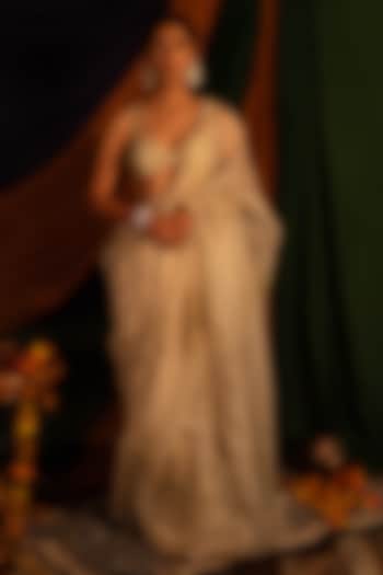 Ivory Pure Silk Organza Zardosi Handwork Wedding Saree Set by Nitika Bali at Pernia's Pop Up Shop