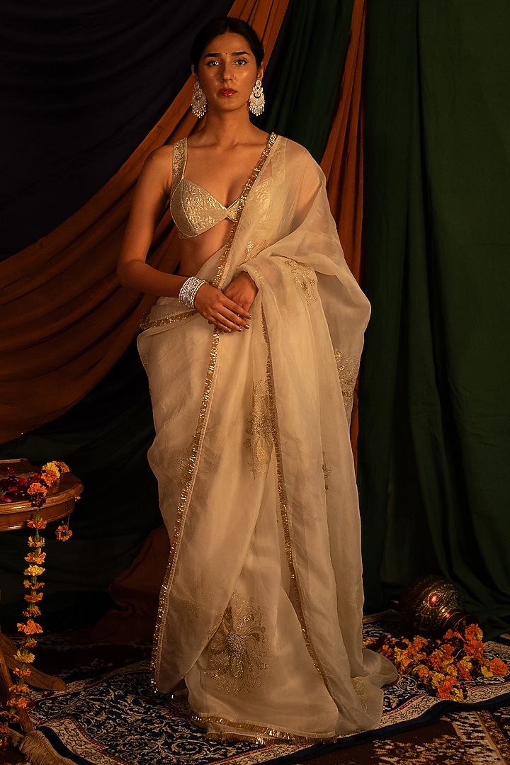Ivory Pure Silk Organza Zardosi Handwork Wedding Saree Set by Nitika Bali at Pernia's Pop Up Shop