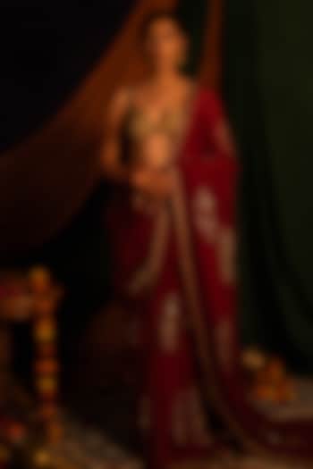 Red & Golden Viscose Organza Zardosi Handwork Wedding Saree Set by Nitika Bali at Pernia's Pop Up Shop