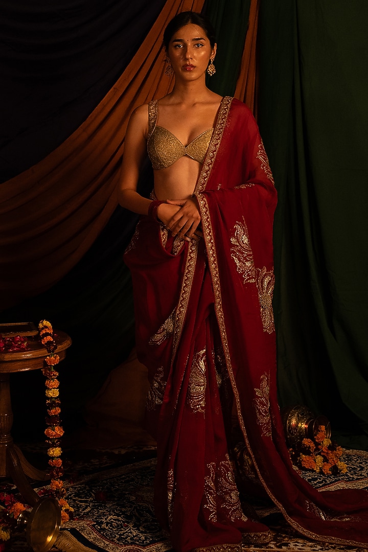 Red & Golden Viscose Organza Zardosi Handwork Wedding Saree Set by Nitika Bali at Pernia's Pop Up Shop