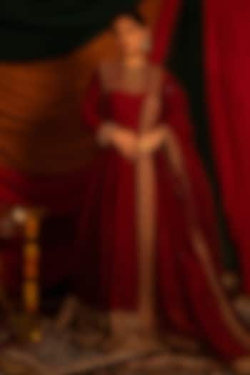 Red Dola Silk Zardosi Handwork Wedding Anarkali Set by Nitika Bali at Pernia's Pop Up Shop