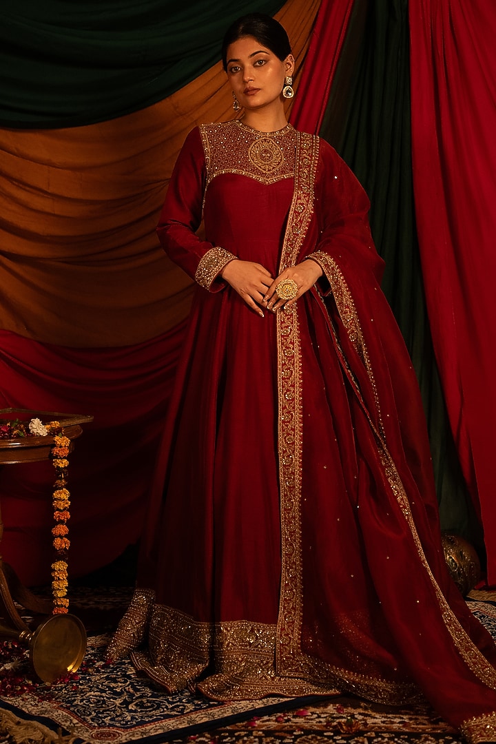 Red Dola Silk Zardosi Handwork Wedding Anarkali Set by Nitika Bali at Pernia's Pop Up Shop