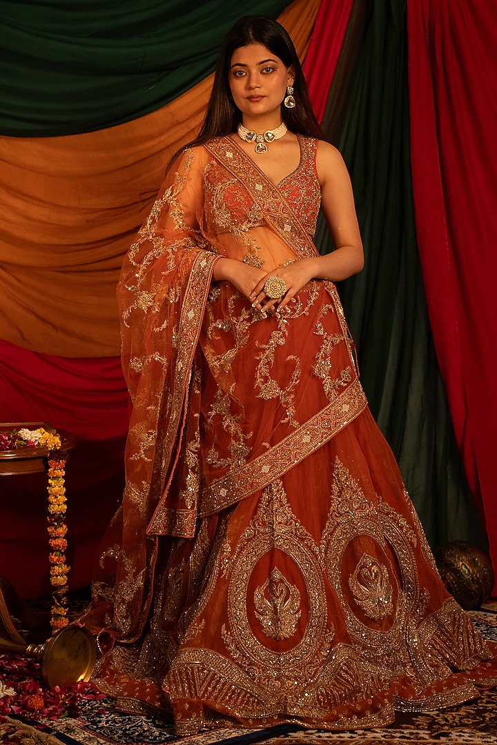 Orange Net Zardosi Handwork Bridal Lehenga Set by Nitika Bali at Pernia's Pop Up Shop