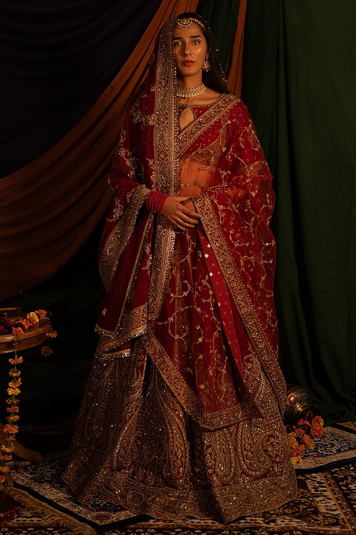 Red Dola Silk Zardosi Handwork Bridal Lehenga Set by Nitika Bali at Pernia's Pop Up Shop