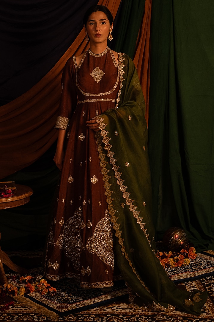 Brown & Green Dola Silk Zardosi Handwork Bridal Anarkali Set by Nitika Bali at Pernia's Pop Up Shop