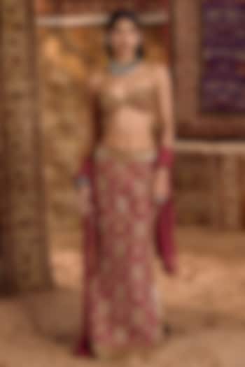 Pinkish Peach Dola Silk Hand Embroidered Skirt Set by Nitika Bali at Pernia's Pop Up Shop