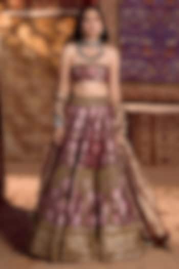 Dark Maroon Handwoven Banarasi Hand Embroidered Bridal Lehenga Set by Nitika Bali at Pernia's Pop Up Shop
