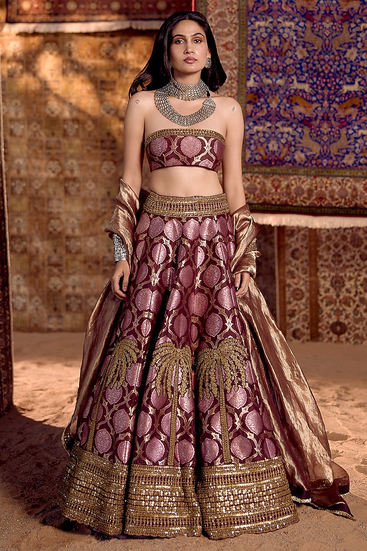 Dark Maroon Handwoven Banarasi Hand Embroidered Bridal Lehenga Set by Nitika Bali at Pernia's Pop Up Shop