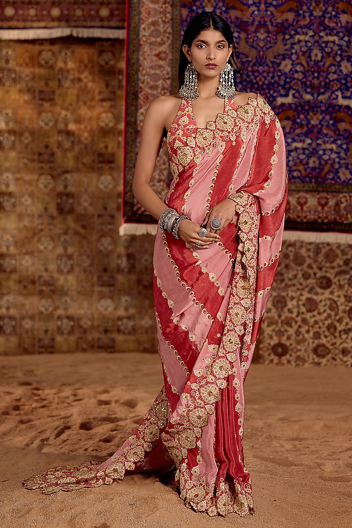 Red Fine Habutai Zari Hand Embroidered Wedding Saree Set by Nitika Bali at Pernia's Pop Up Shop