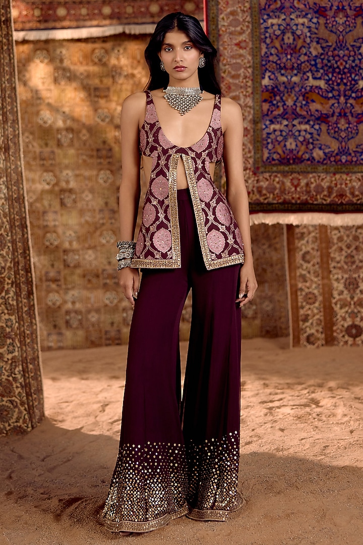 Dark Maroon Handwoven Banarasi Hand Embroidered Wedding Sharara Set by Nitika Bali at Pernia's Pop Up Shop