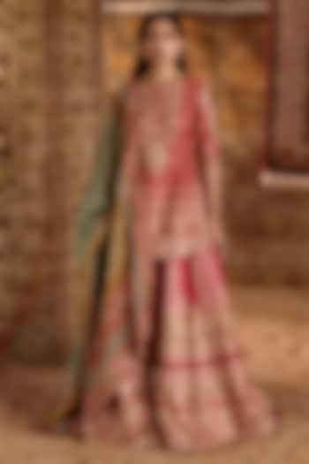 Peach Dola Silk Digital Printed & Hand Embroidered Gharara Set by Nitika Bali at Pernia's Pop Up Shop