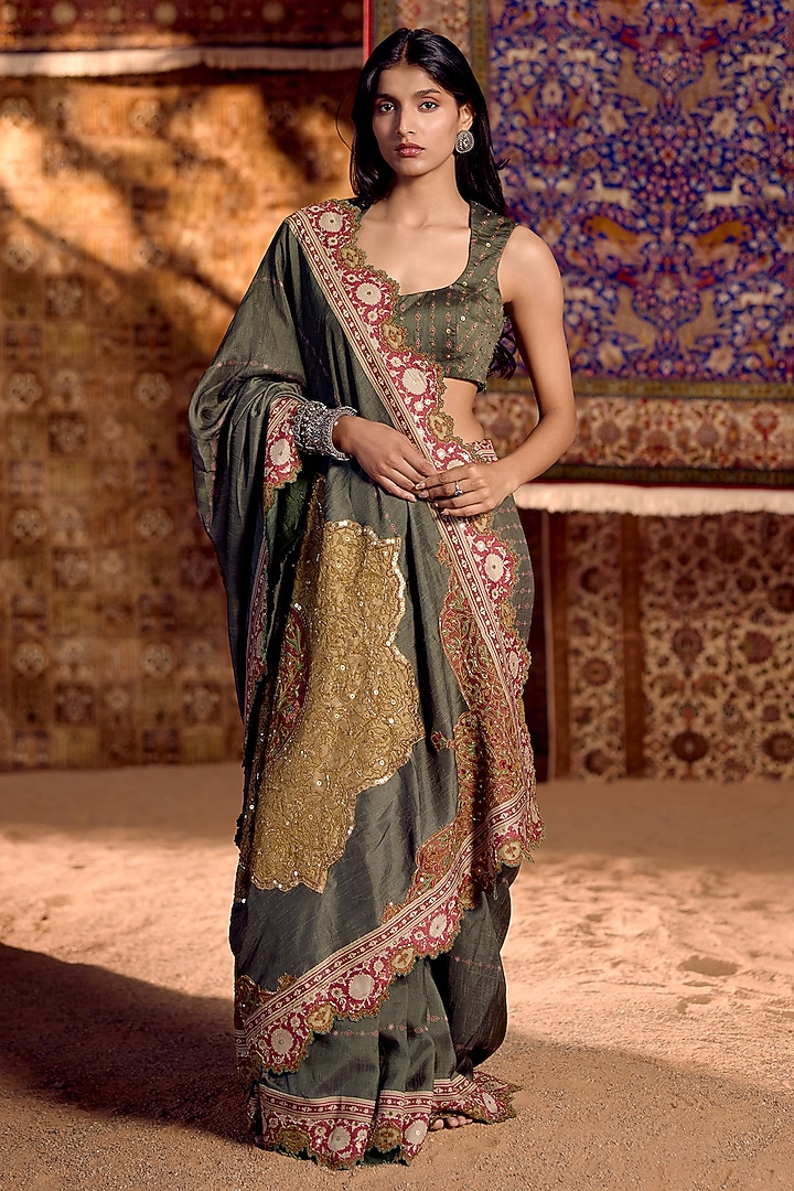 Green Dola Silk Hand Embroidered Wedding Saree Set by Nitika Bali at Pernia's Pop Up Shop