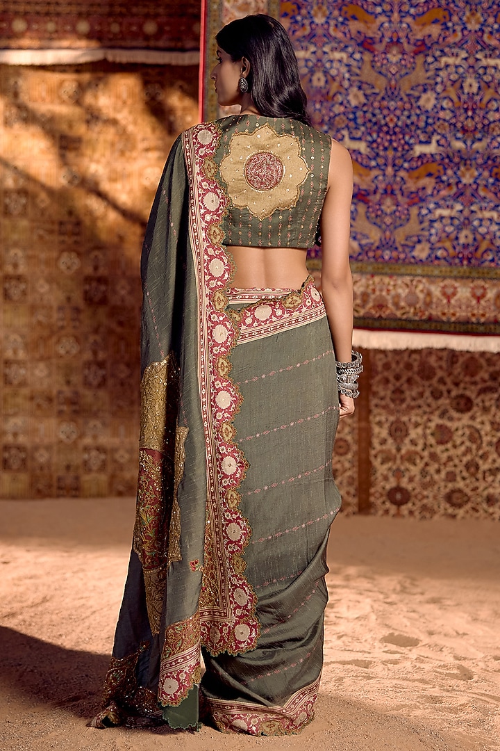 Green Dola Silk Hand Embroidered Wedding Saree Set by Nitika Bali at Pernia's Pop Up Shop