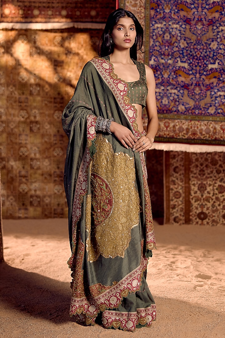 Green Dola Silk Hand Embroidered Wedding Saree Set by Nitika Bali at Pernia's Pop Up Shop