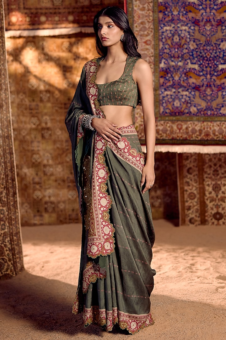 Green Dola Silk Hand Embroidered Wedding Saree Set by Nitika Bali at Pernia's Pop Up Shop
