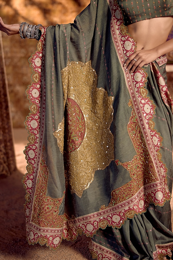 Green Dola Silk Hand Embroidered Wedding Saree Set by Nitika Bali at Pernia's Pop Up Shop