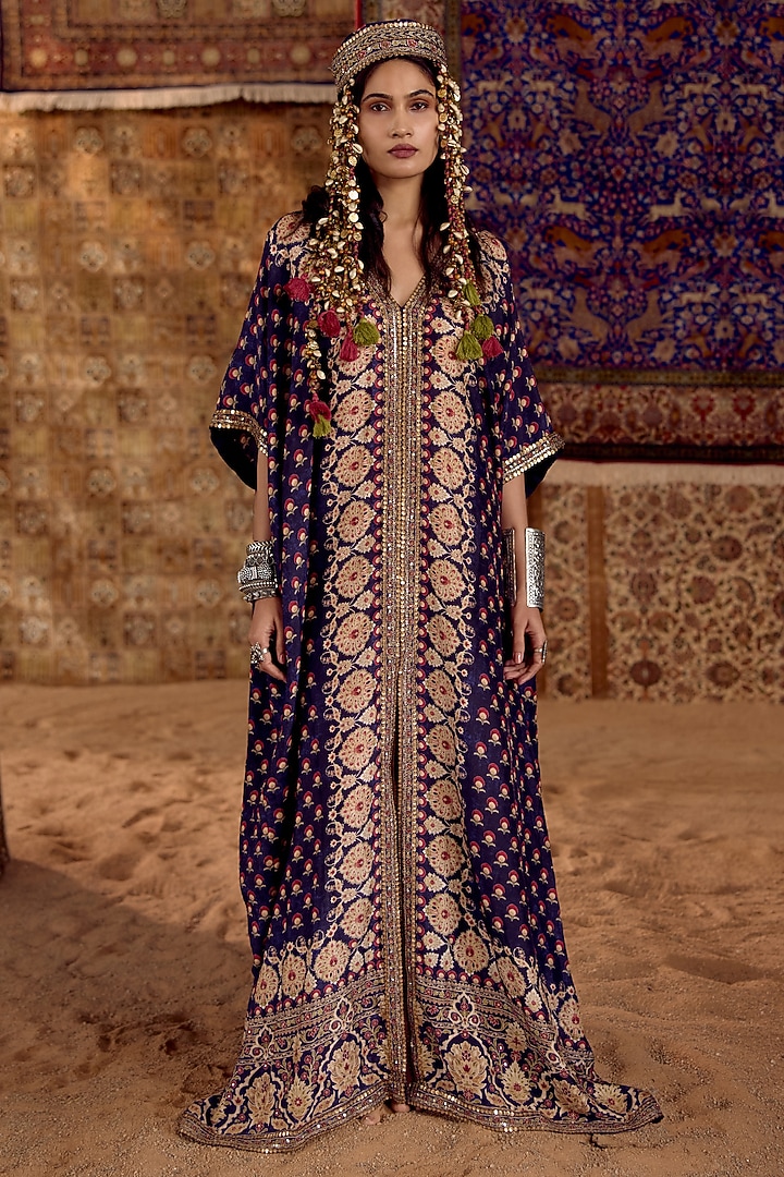 Blue Dola Silk Hand Embroidered Kaftan by Nitika Bali at Pernia's Pop Up Shop