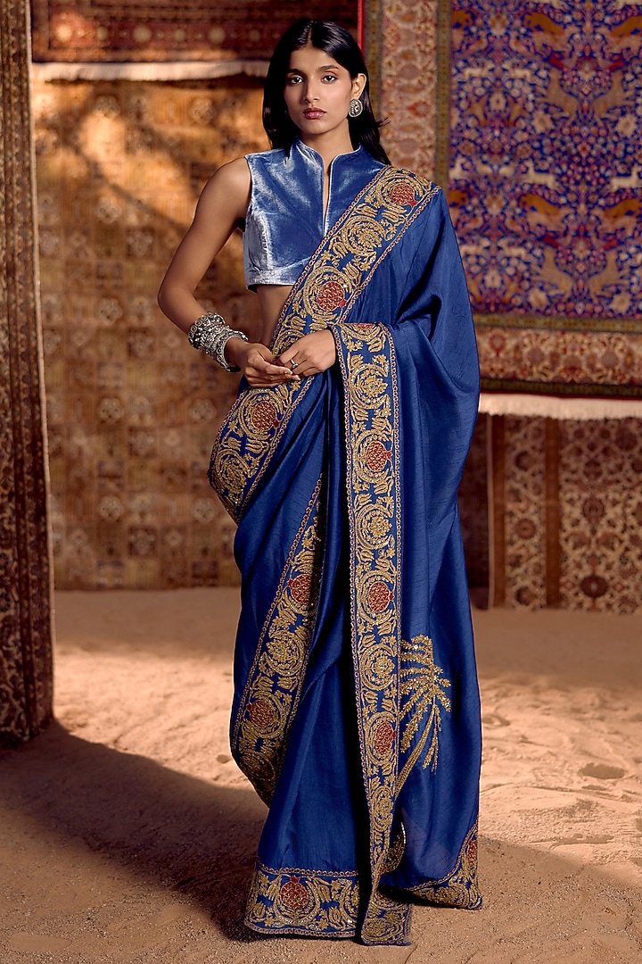 Blue Dola Silk & Velvet Hand Embroidered Wedding Saree Set by Nitika Bali at Pernia's Pop Up Shop