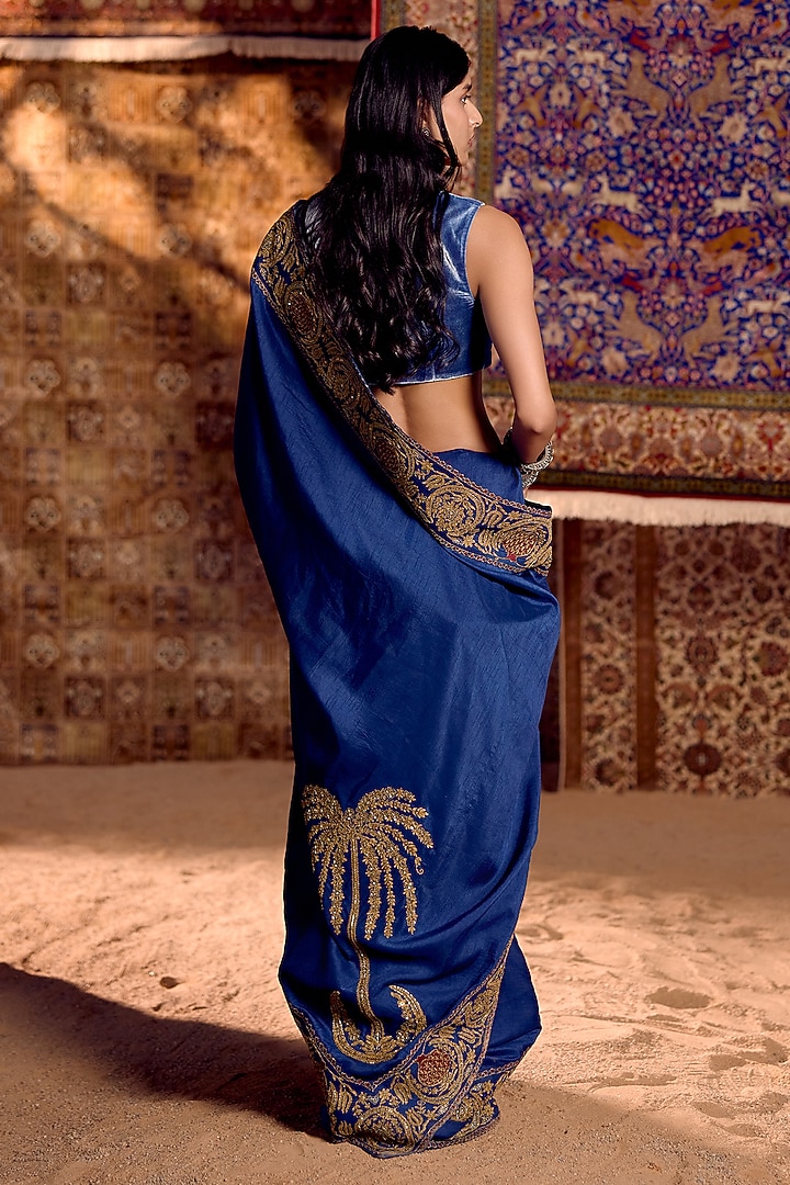 Blue Dola Silk & Velvet Hand Embroidered Wedding Saree Set by Nitika Bali at Pernia's Pop Up Shop