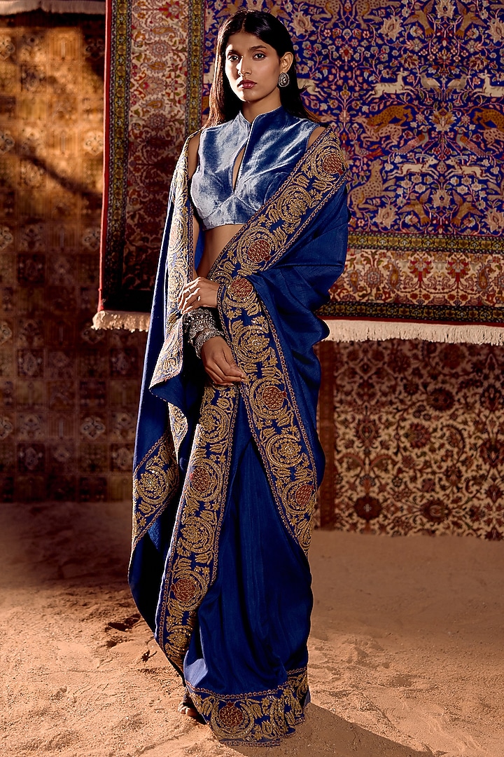 Blue Dola Silk & Velvet Hand Embroidered Wedding Saree Set by Nitika Bali at Pernia's Pop Up Shop