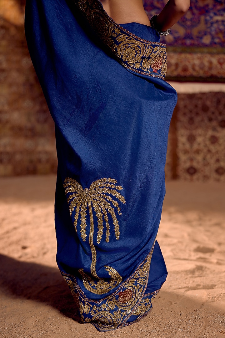 Blue Dola Silk & Velvet Hand Embroidered Wedding Saree Set by Nitika Bali at Pernia's Pop Up Shop