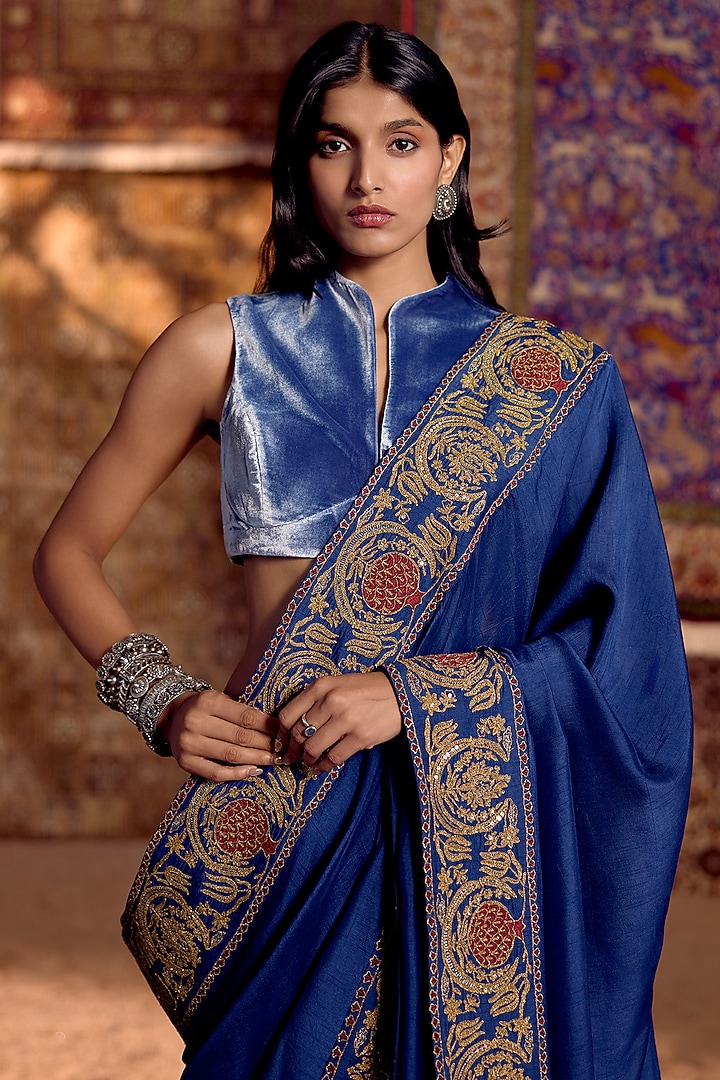 Blue Dola Silk & Velvet Hand Embroidered Wedding Saree Set by Nitika Bali at Pernia's Pop Up Shop