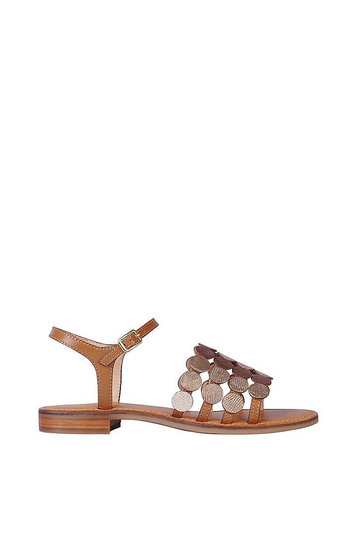 Tan Leather Embossed Sandals by Nine by Janine at Pernia's Pop Up Shop