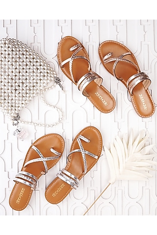Silver Leather Handwoven Braided & Foil Printed Flats by Nine by Janine