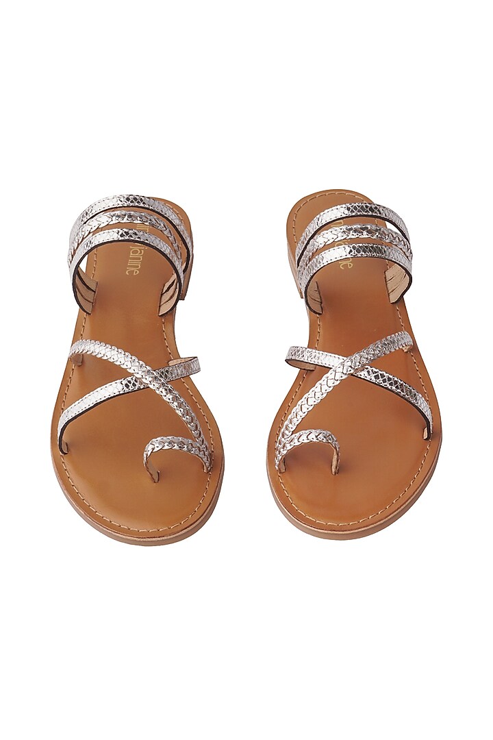 Silver Leather Handwoven Braided & Foil Printed Flats by Nine by Janine at Pernia's Pop Up Shop