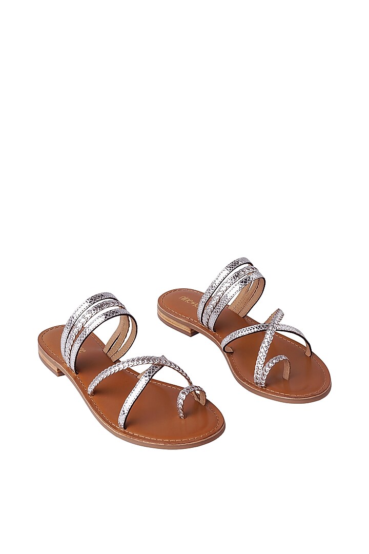 Silver Leather Handwoven Braided & Foil Printed Flats by Nine by Janine at Pernia's Pop Up Shop