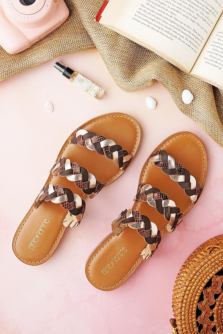 Chocolate Brown & Tan Leather Hand Woven Braided Flats by Nine by Janine