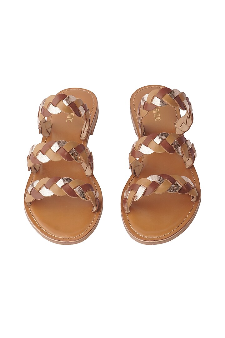 Tan & Gold Leather Handwoven Braided Flats by Nine by Janine at Pernia's Pop Up Shop