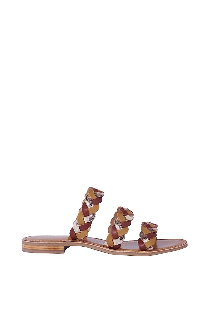 Tan & Gold Leather Handwoven Braided Flats by Nine by Janine at Pernia's Pop Up Shop