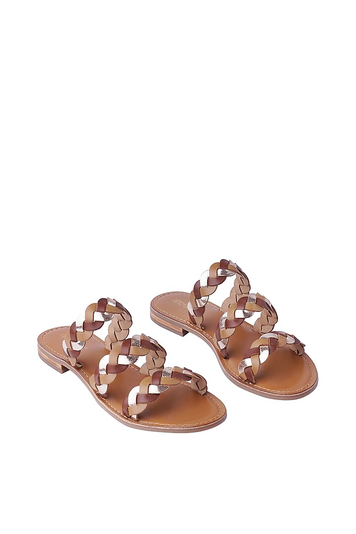 Tan & Gold Leather Handwoven Braided Flats by Nine by Janine at Pernia's Pop Up Shop
