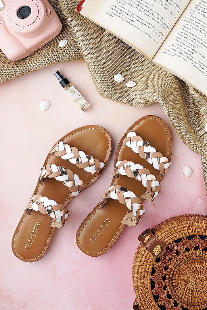 Nude & White Leather Hand Woven Braided Flats by Nine by Janine
