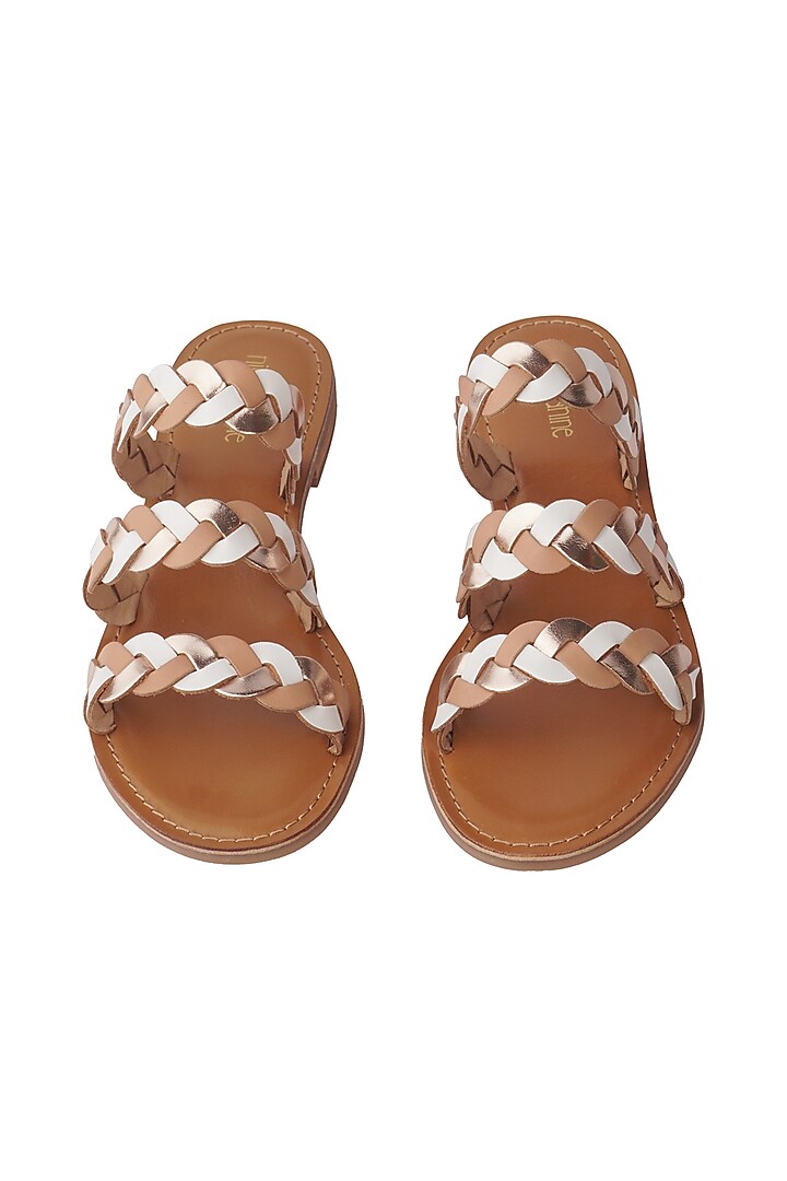 Nude & White Leather Hand Woven Braided Flats by Nine by Janine at Pernia's Pop Up Shop