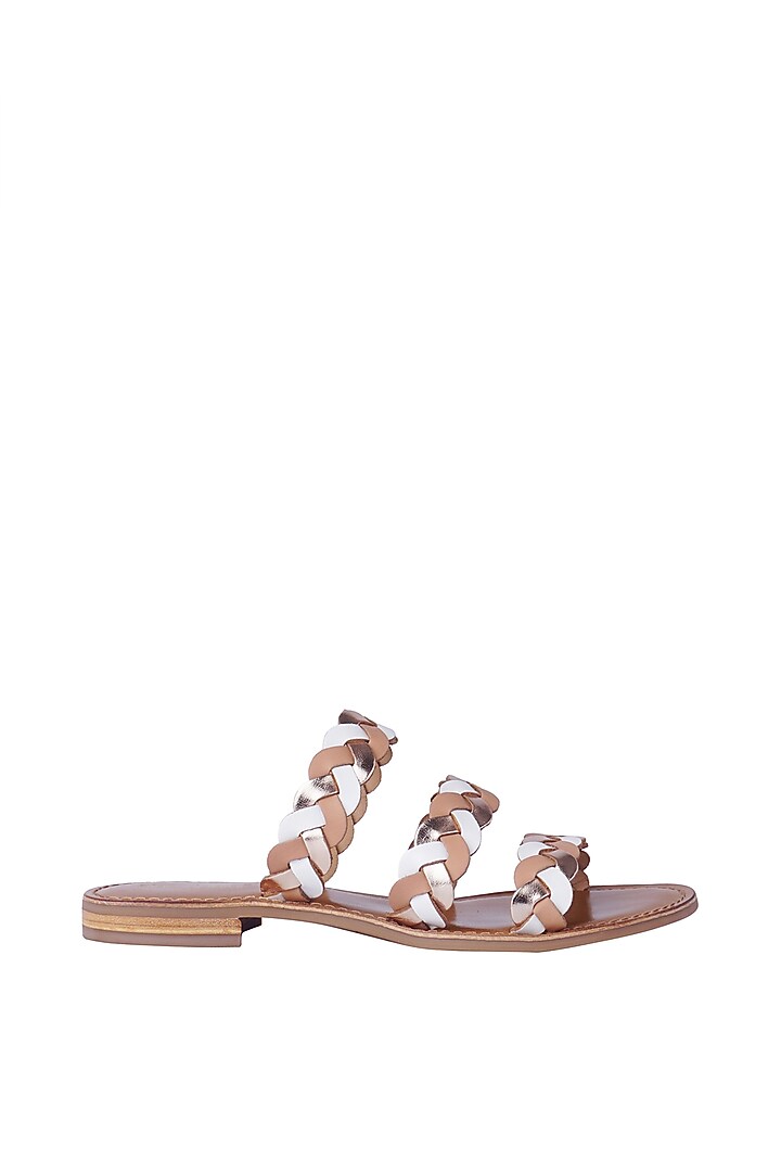Nude & White Leather Hand Woven Braided Flats by Nine by Janine at Pernia's Pop Up Shop