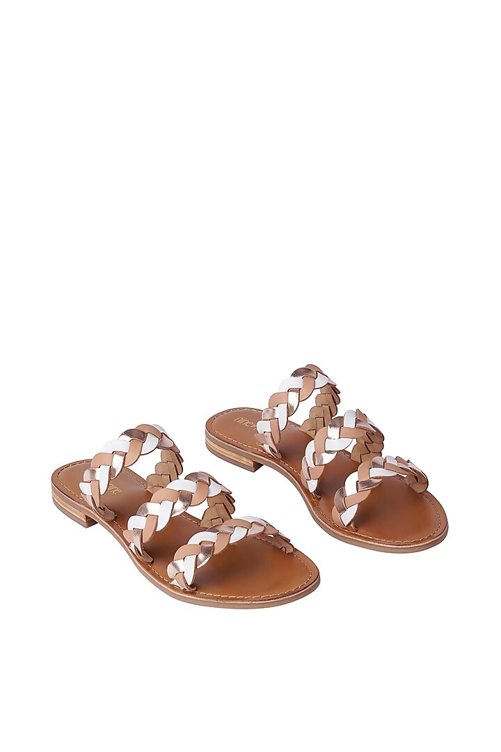 Nude & White Leather Hand Woven Braided Flats by Nine by Janine at Pernia's Pop Up Shop