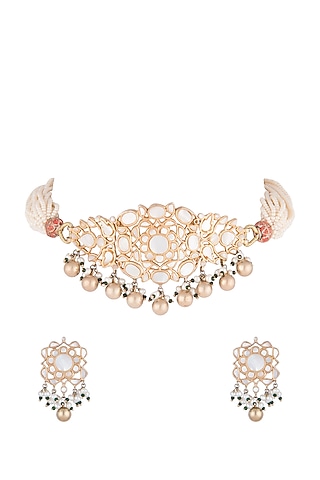 Gold Plated Pearl Choker Necklace Set by Noorah By J