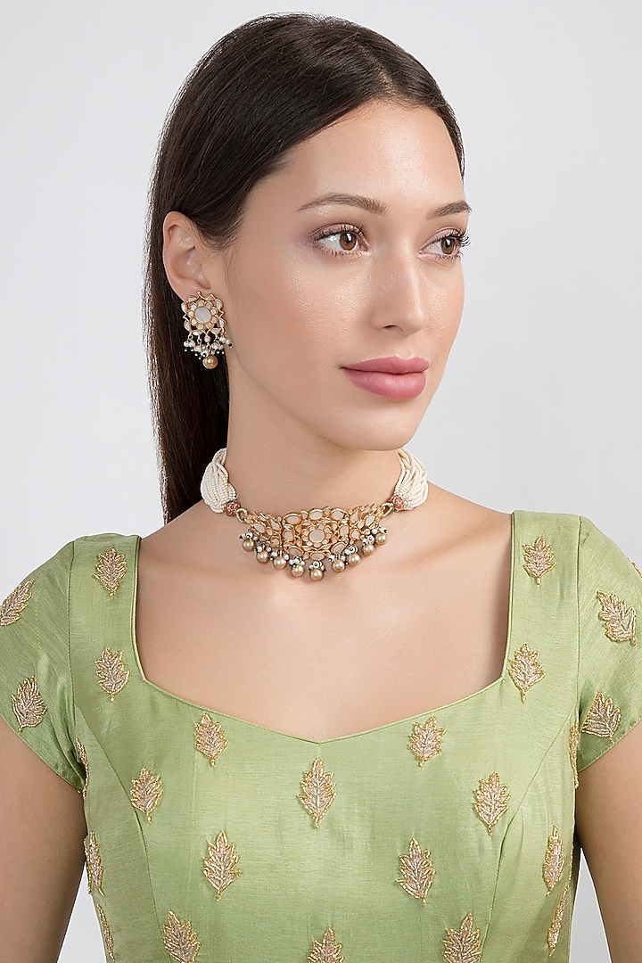 Gold Plated Pearl Choker Necklace Set by Noorah By J at Pernia's Pop Up Shop
